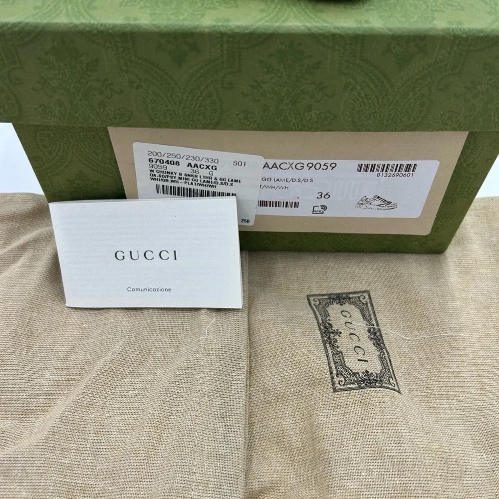 Gucci Women's platform low top sneakers in white leather with gold lame size 36 - Picture 7 of 9